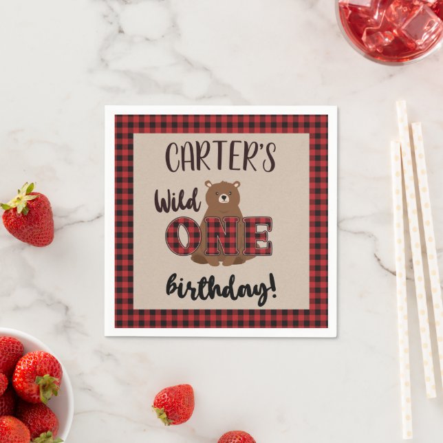 Serviette En Papier Fête d'anniversaire de l'Ours Plaid Wild ONE (En situation)