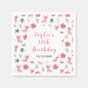 Serviette En Papier Fête d'anniversaire de patinage sur glace rose