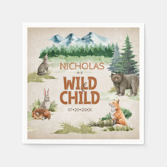 Serviette En Papier Fête d'anniversaire des animaux sauvages de bois (Devant)