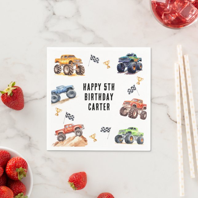 Serviette En Papier Fête d'anniversaire des Enfants Monster Trucks (En situation)