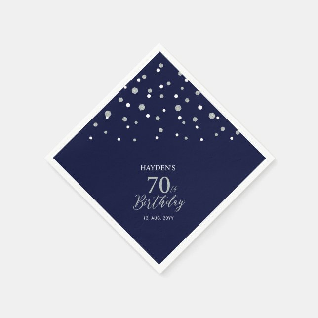 Serviette En Papier Fête d'anniversaire moderne Silver & Navy Blue 70t (Coin)