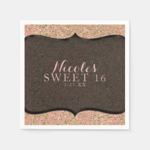 Serviette En Papier Fête d'anniversaire noire pailletée de rose et or
