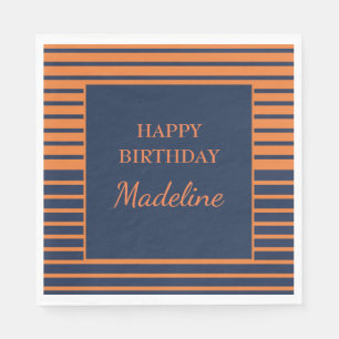 Serviette En Papier Fête d'anniversaire personnalisée rayée orange ble