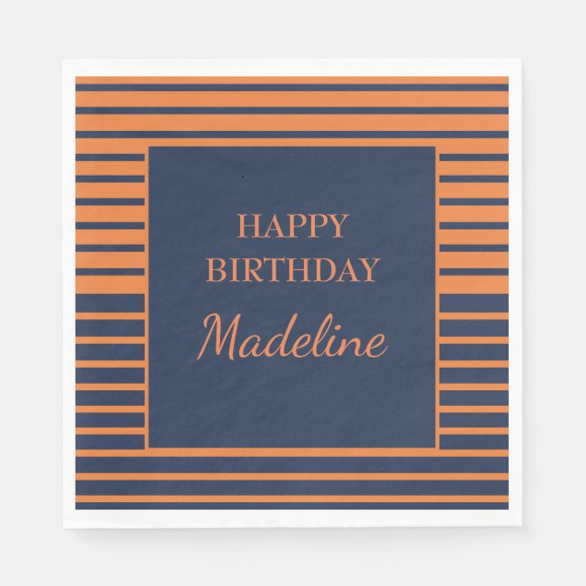 Serviette En Papier Fête d'anniversaire personnalisée rayée orange ble (Devant)