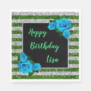 Serviette En Papier Fête d'anniversaire Roses Bleues Pailletées Bandes