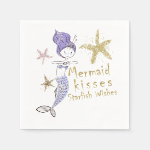 Serviette En Papier Fête d'anniversaire Sirène Paillettes Violettes et