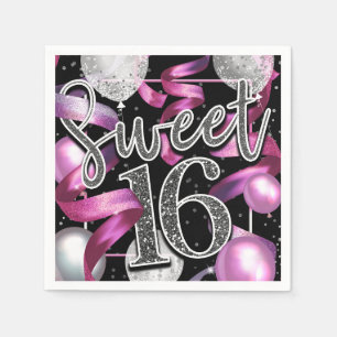 Serviette En Papier Fête d'anniversaire Sweet 16 Paillettes Rose Noir 
