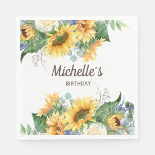 Serviette En Papier Fête d'anniversaire Tournesols Eucalyptus Nom Blan