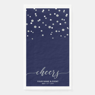 Serviette En Papier Fête de confettis de style argenté bleu script