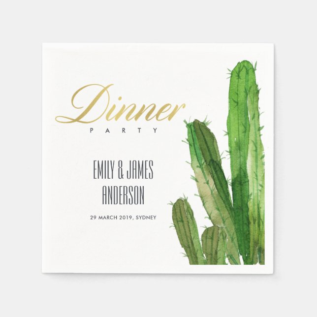 SERVIETTE EN PAPIER FÊTE DE DINER A L'AQUARELLE FEUILLAGE DE CACTUS DU (Devant)