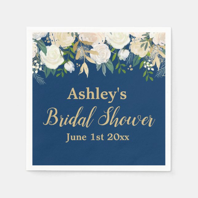 Serviette En Papier Fête de mariage floral Navy bleu or (Devant)