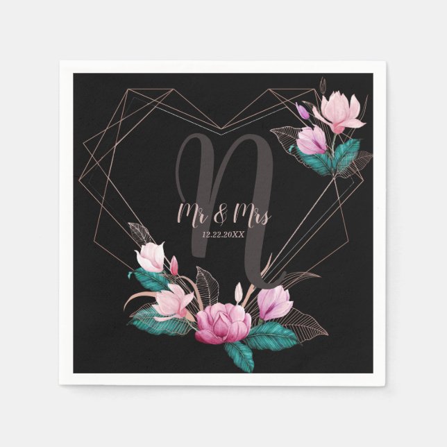 Serviette En Papier Fête de mariage rose Floral Cadre géométrique Noir (Devant)