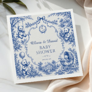Serviette En Papier Fête de naissance ourson toile de Jouy bleue vinta