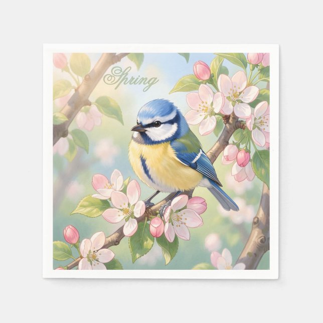 Serviette En Papier Fête de printemps personnalisée Mésange bleue sur  (Devant)