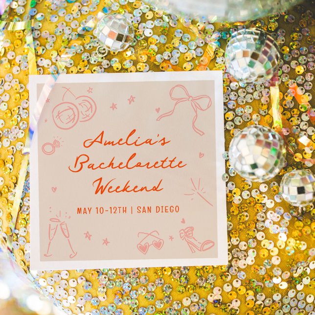 Serviette En Papier Fête de week-end de Bachelorette avec dessin rose  (Pink and red hand drawn sketch girly icon illustrations bachelorette party napkins.)