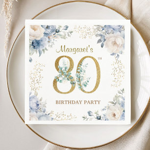 Serviette En Papier Fête des 80 ans Élégante Fleur Bleu Poussiéreux