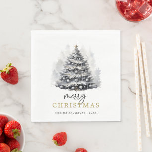 Serviette En Papier Fête des arbres de Noël noirs et blancs
