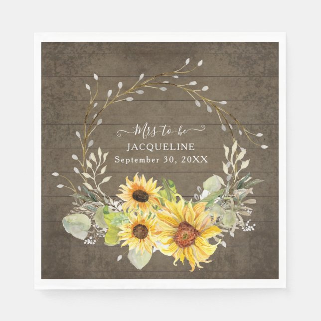 Serviette En Papier Fête des mariées d'aquarelle de tournesol rustique (Devant)