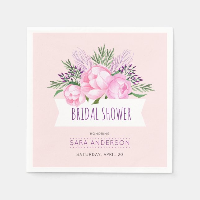 Serviette En Papier Fête des mariées d'aquarelle Pink Peonies (Devant)