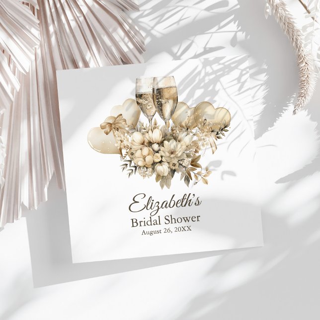 Serviette En Papier Fête des mariées de Fleurs de Champagne Brunch et  (Brunch and Bubbly Champagne Flowers Bridal Shower Napkins on a sunny white table.)