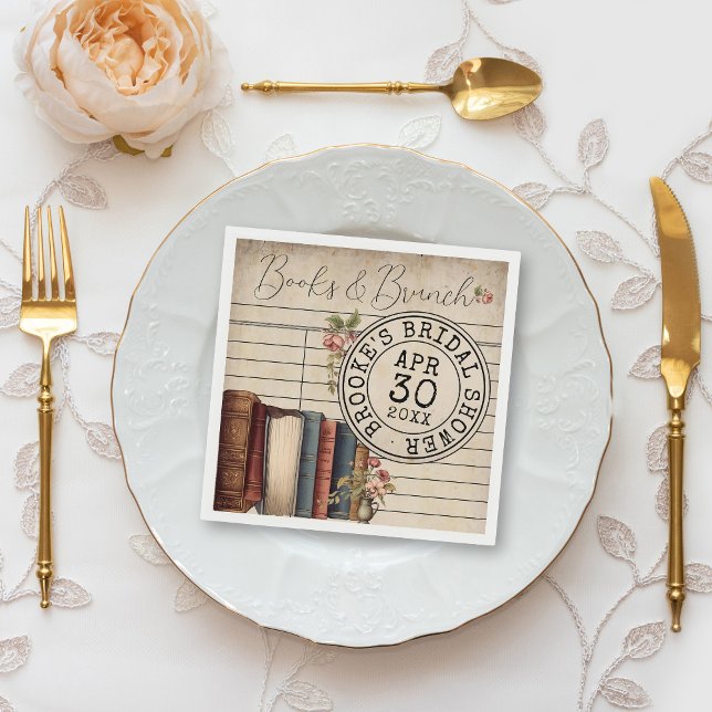 Serviette En Papier Fête des mariées de la carte de bibliothèque vinta (Elegant vintage books and brunch floral books romantic literary wedding bridal shower paper napkins)