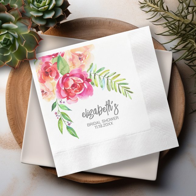 Serviette En Papier Fête des mariées des fleurs aquarelles peintes (Personalized Bridal Shower napkins - watercolor flower bouquet)