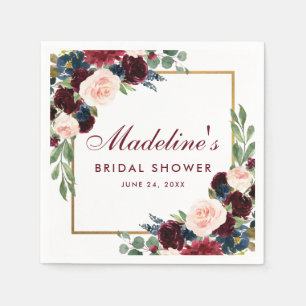Serviette En Papier Fête des mariées Floral Bourgogne Bleu Or Blanc