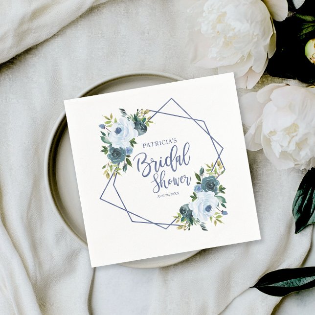 Serviette En Papier Fête des mariées géométrique bleu-bleu floral (Créateur téléchargé)