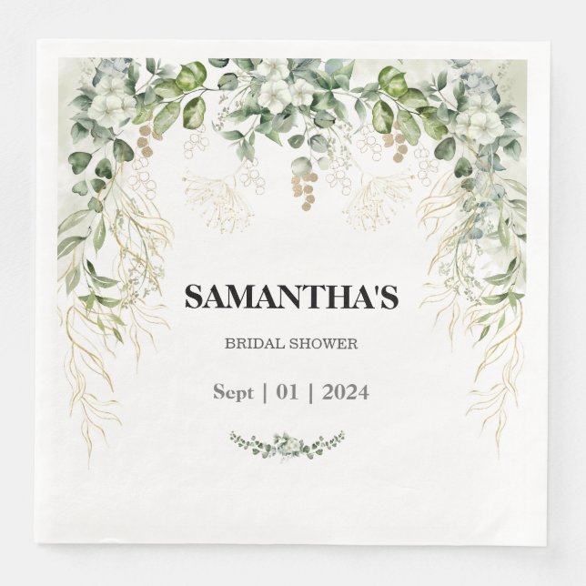 Serviette En Papier Fête des mariées verte et dorée enchantée (Devant)