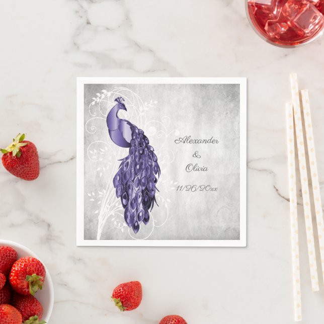 Serviette En Papier Fête des mariées violet Peacock (En situation)
