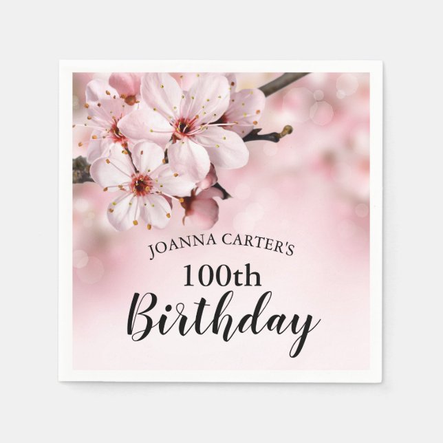Serviette En Papier Fête du 100e anniversaire | Fleurs en fleurs roses (Devant)