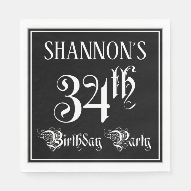 Serviette En Papier Fête du 34e anniversaire — Script fantaisie + Nom  (Devant)