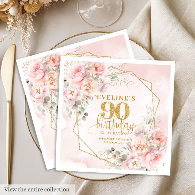 Serviette En Papier Fête du 90e anniversaire d'une floraison rose vif (Glowing blush pink floral 90th birthday party napkins)