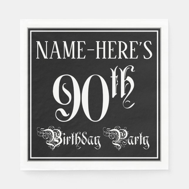 Serviette En Papier Fête du 90e anniversaire — Script fantaisie + Nom  (Devant)