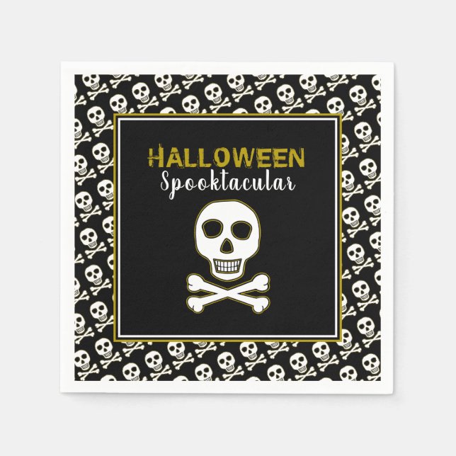 Serviette En Papier Fête Halloween Crâne & Os, Or (Devant)