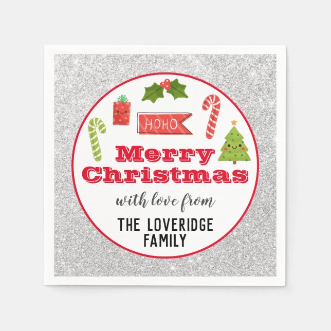 Serviette En Papier Fête Joyeux Noël Rouge Parties scintillant argent (Devant)