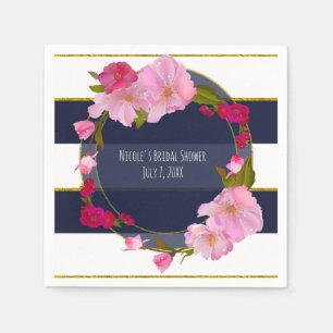 Serviette En Papier Fête Moderne Florale Chic Glam Bleu Blanc et Or