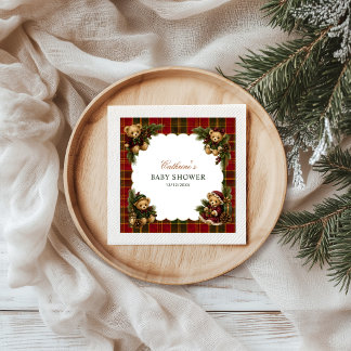 Serviette En Papier Fête Prénatale de Noël Ourson Tartan Carreaux