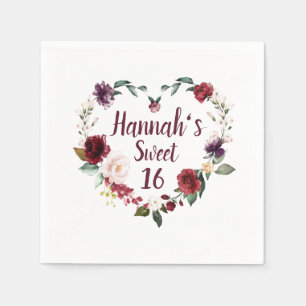 Serviette En Papier Fête Sweet 16 Cœur Floral Rouge