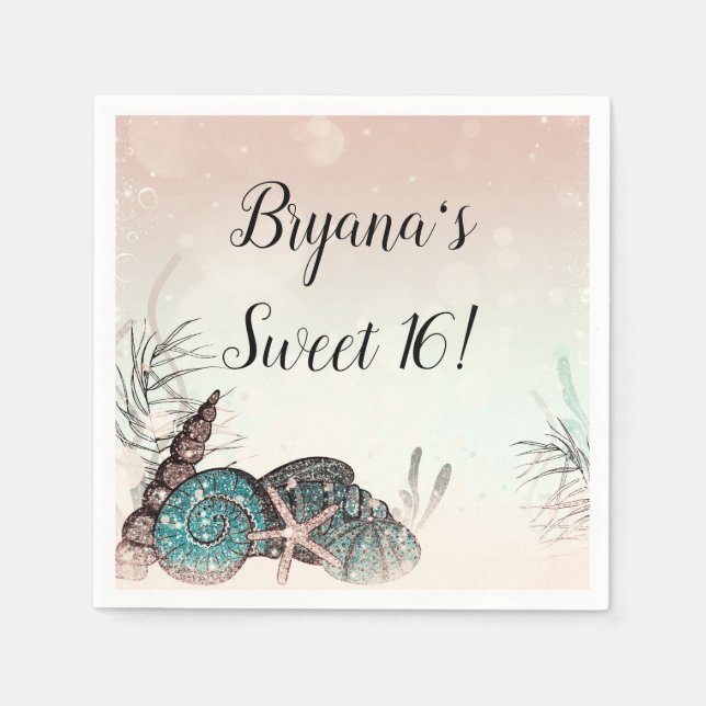 Serviette En Papier Fête Sweet 16 Pink Under the Sea Shells Beach (Devant)