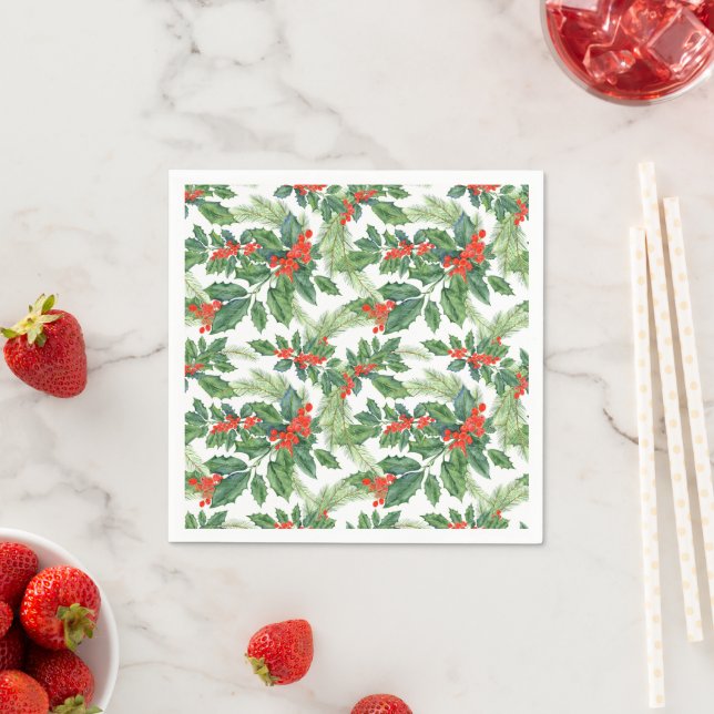 Serviette En Papier Fêtes de Noël Floral aux Baies Rouges (En situation)