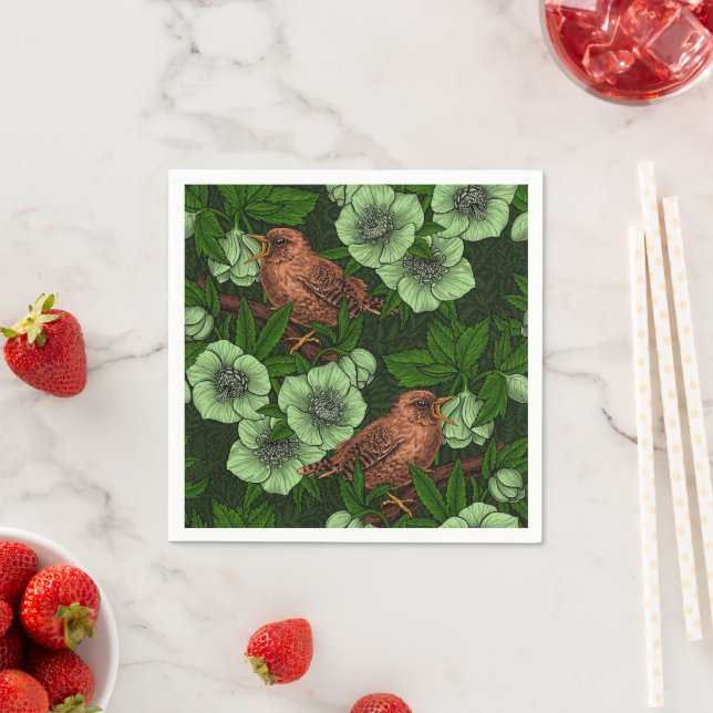 Serviette En Papier Feu et hellebore sur vert foncé (En situation)