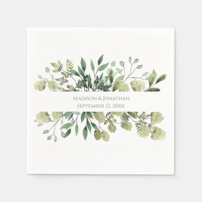 Serviette En Papier Feuillage de mariage Eucalyptus Aquarelle Noms Dat (Devant)