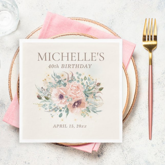 Serviette En Papier Feuillage Floral Rose Pailleté 40e Anniversaire (Blush pink floral and sage green leaves birthday party paper napkins)