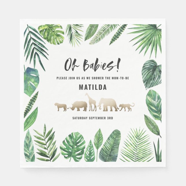 Serviette En Papier Feuillage tropical + animaux d'or baby shower (Devant)
