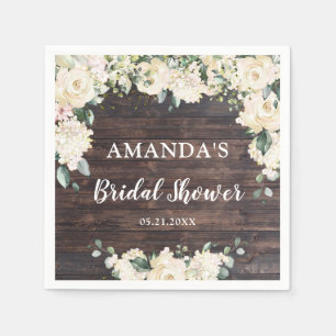Serviette En Papier Feuillage verdure bois rustique boho roses blanche