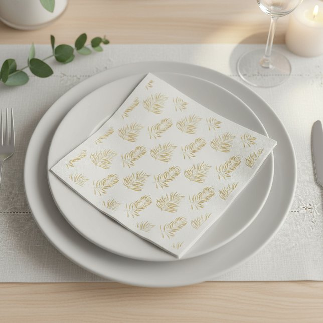 Serviette En Papier Feuille de palme d'or, Mariage blanc minimaliste N (Gold Palm Leaf, minimalist white Wedding Napkin.)