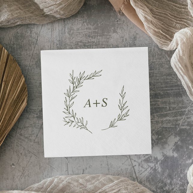 Serviette En Papier Feuille minimale | Mariage de monogramme vert oliv (Créateur téléchargé)