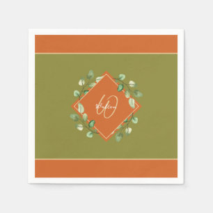 Serviette En Papier Feuilles automnales Orange et Vert Monogramme Papi