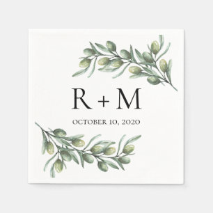 Serviette En Papier Feuilles d'olive à l'aquarelle. Mariage d'été ital